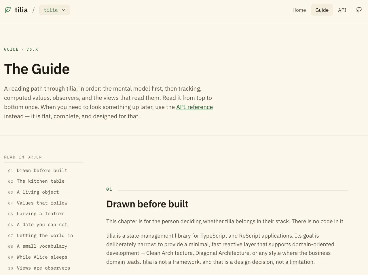 The tilia guide: a left index listing numbered chapters, and the first chapter opened beside it.